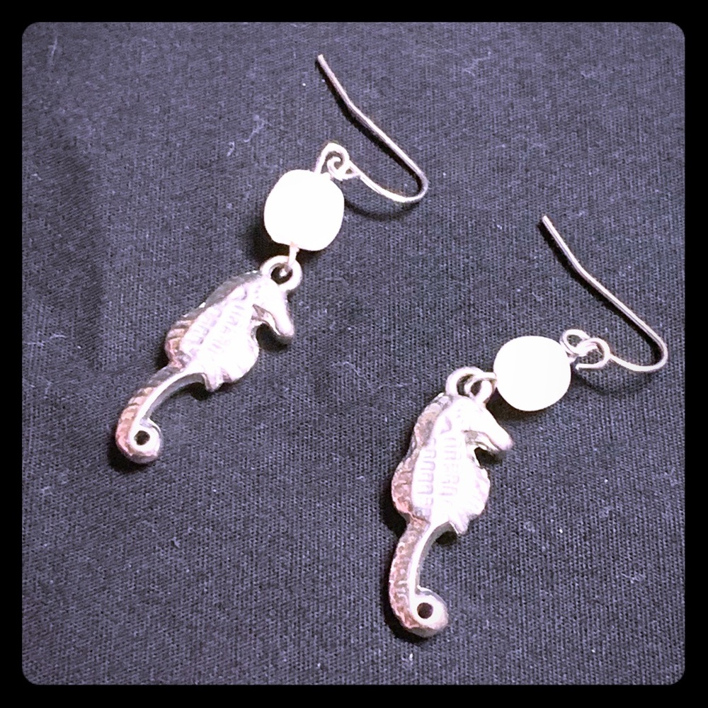 Seahorse and Bead Silver Fishhook Earrings